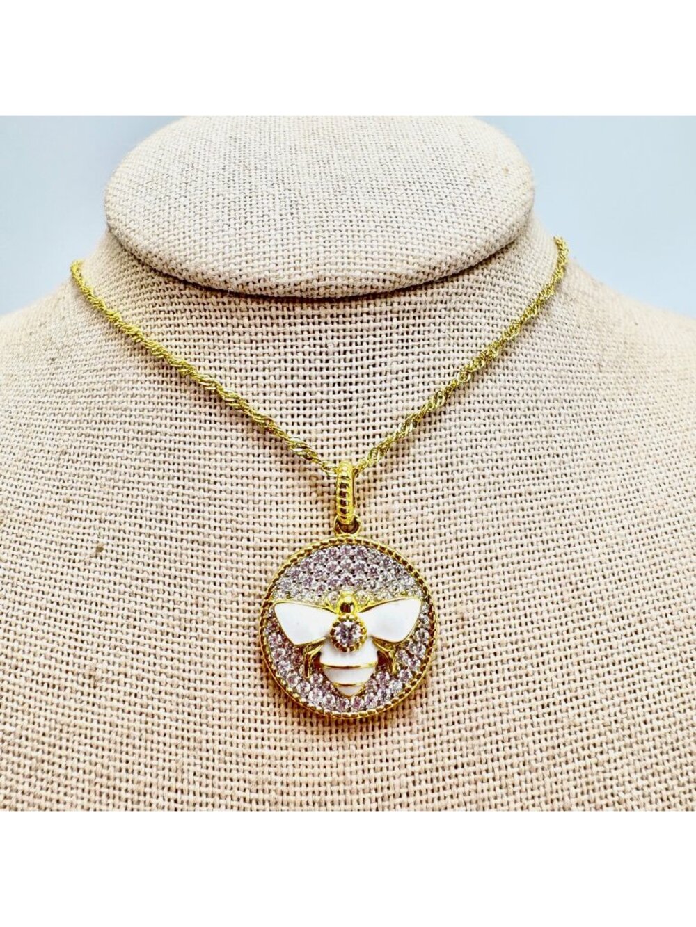 Bee Theme Pave Cubic Zirconia & Gold Over Sterling Silver 925 Necklace 18"L